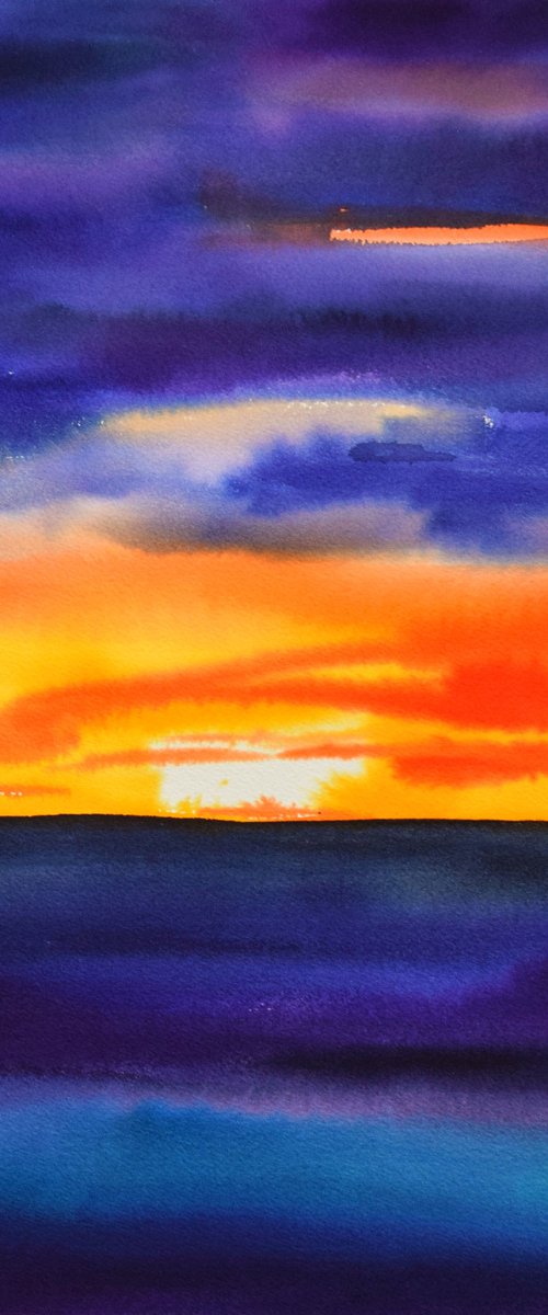 Seascape painting, sunset seaside original watercolor painting, sea ocean wall art by Kate Grishakova