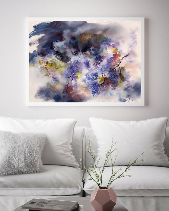 Lilac Flowers Semi Abstract Watercolor Painting