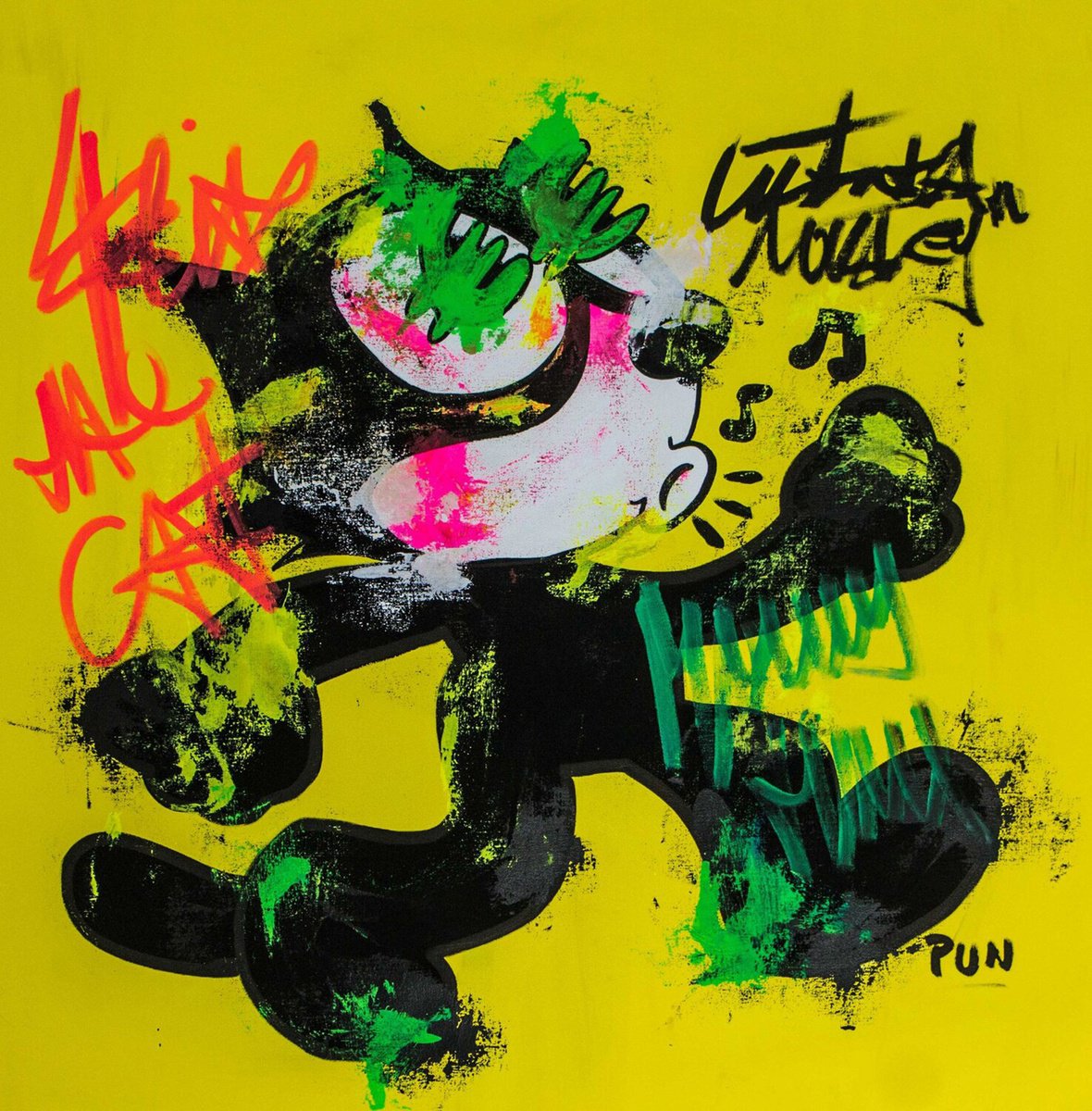 Cartoon Animal Acrylic Painting By Carlos Pun Art, 28 X 28, Felix The Cat Euro Eyes, Original Artwork