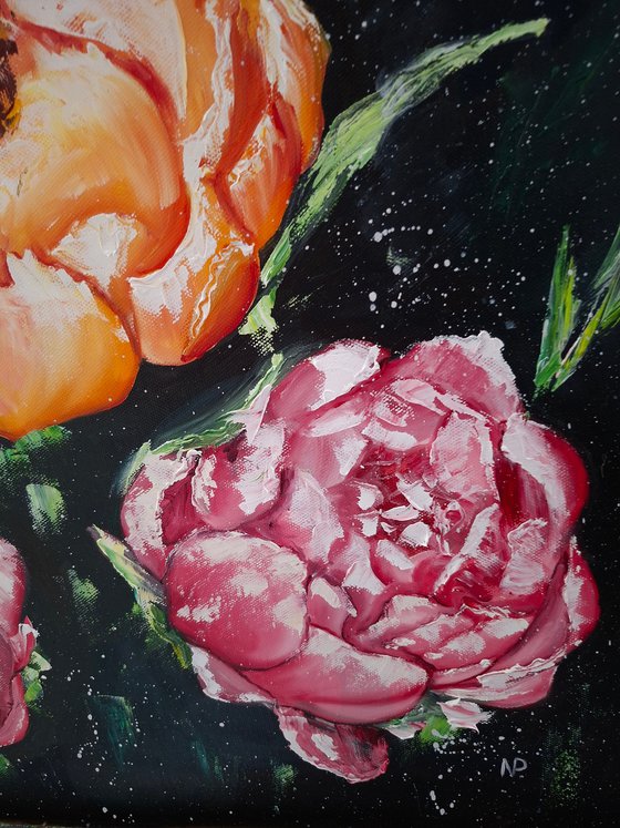 Midnight bloom, floral peonies painting