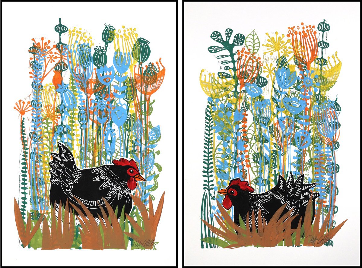 Illustrative Animal Linocut By Mariann Johansen-Ellis, 30 X 20", Happy Hens, Print Set, Original Artwork