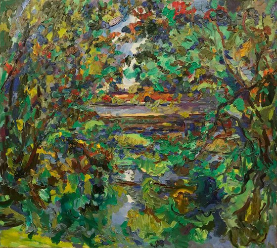 LANDSCAPE. SUMMER - original painting, nature, green Moscow park, size 90x100