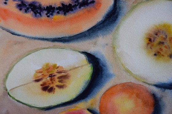 Fruits still life wet watercolor painting Papaya, melon and grapefruits, Kitchen wall art