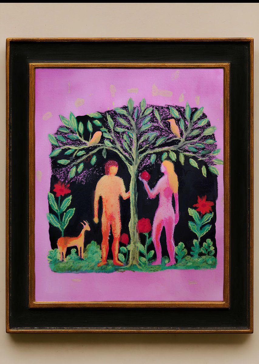 Naive Portrait Painting By Kira K. Sadian, 18 X 22", Adam And Eve. Light And Shadow, Original Artwork