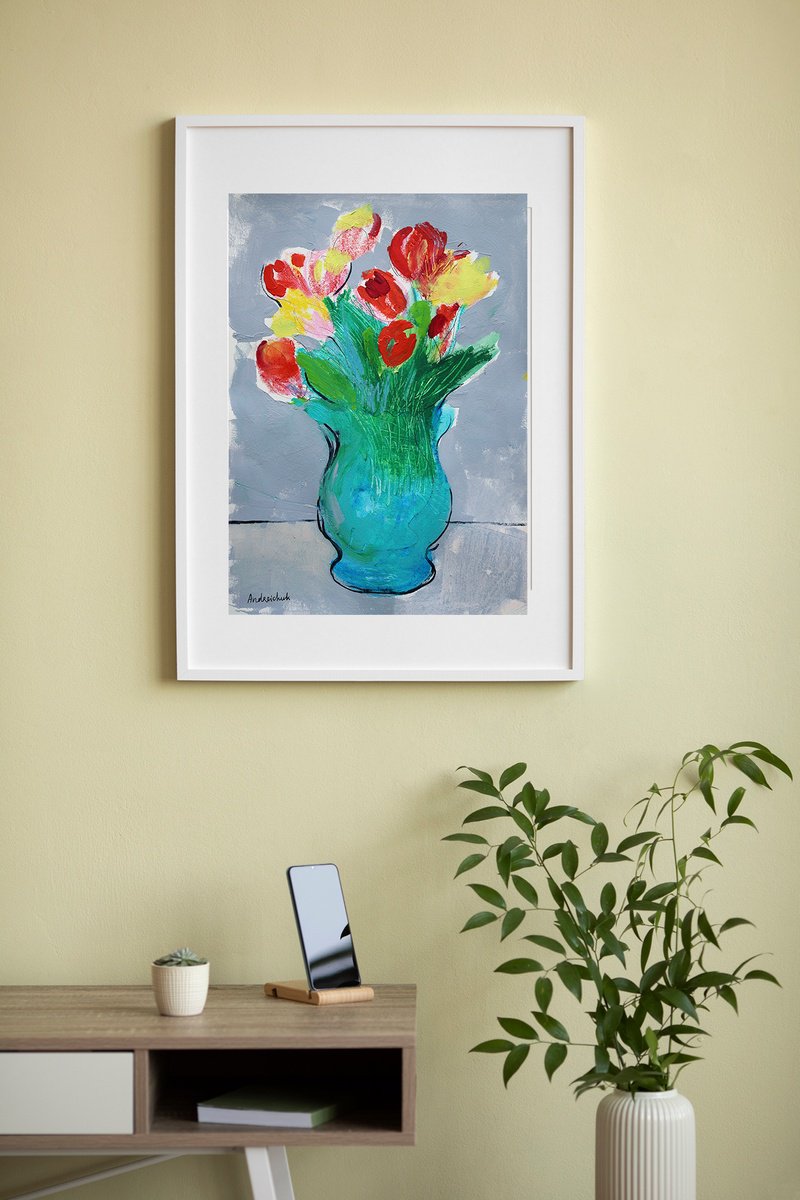 Impressionistic Botanical Acrylic Painting By Artem Andreichuk, 11 X 16, Tulips, Original Artwork