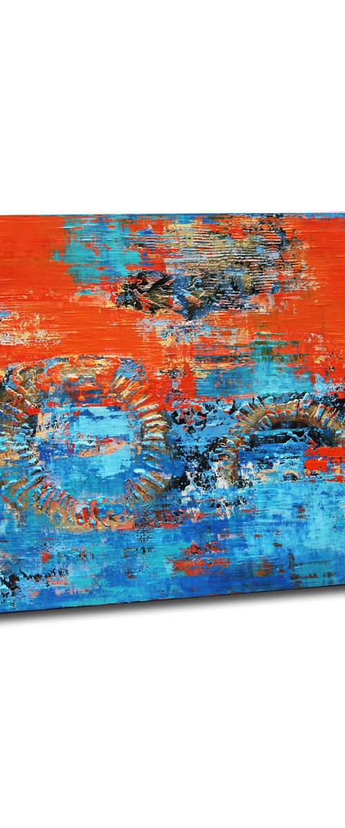 RIMINI - 180 x 100 CMS - ABSTRACT PAINTING - TEXTURED - XXL - BLUE - ORANGE by Inez Froehlich