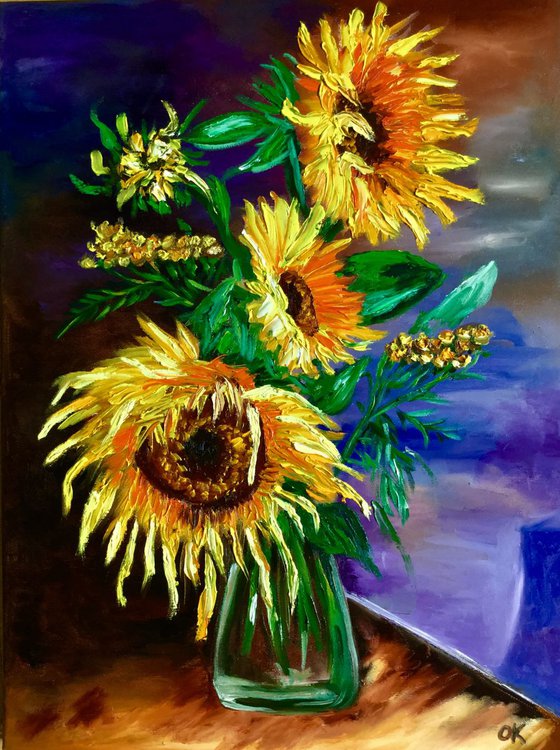 BOUQUET OF SUNFLOWERS SALE.  inspired by VINCENT VAN GOGH . palette knife modern  oil still life painting on blue purple pink yellow Dutch style office home decor gift