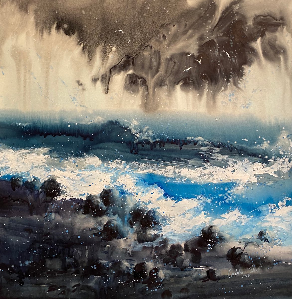 Watercolor Sea-storm-? special gift by Iulia Carchelan