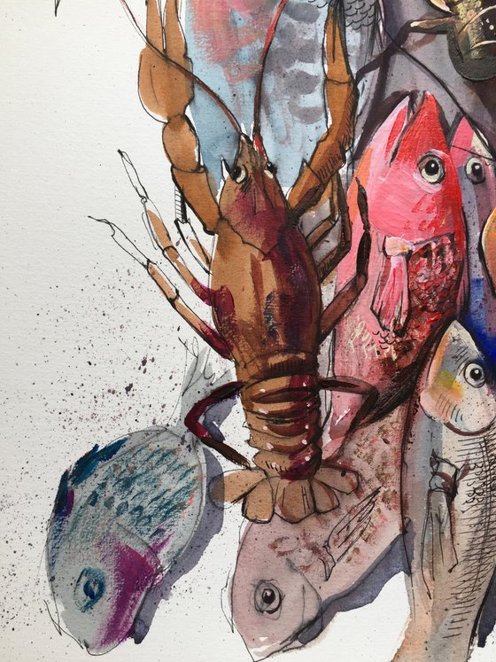Fish and crayfish. Fish drawing