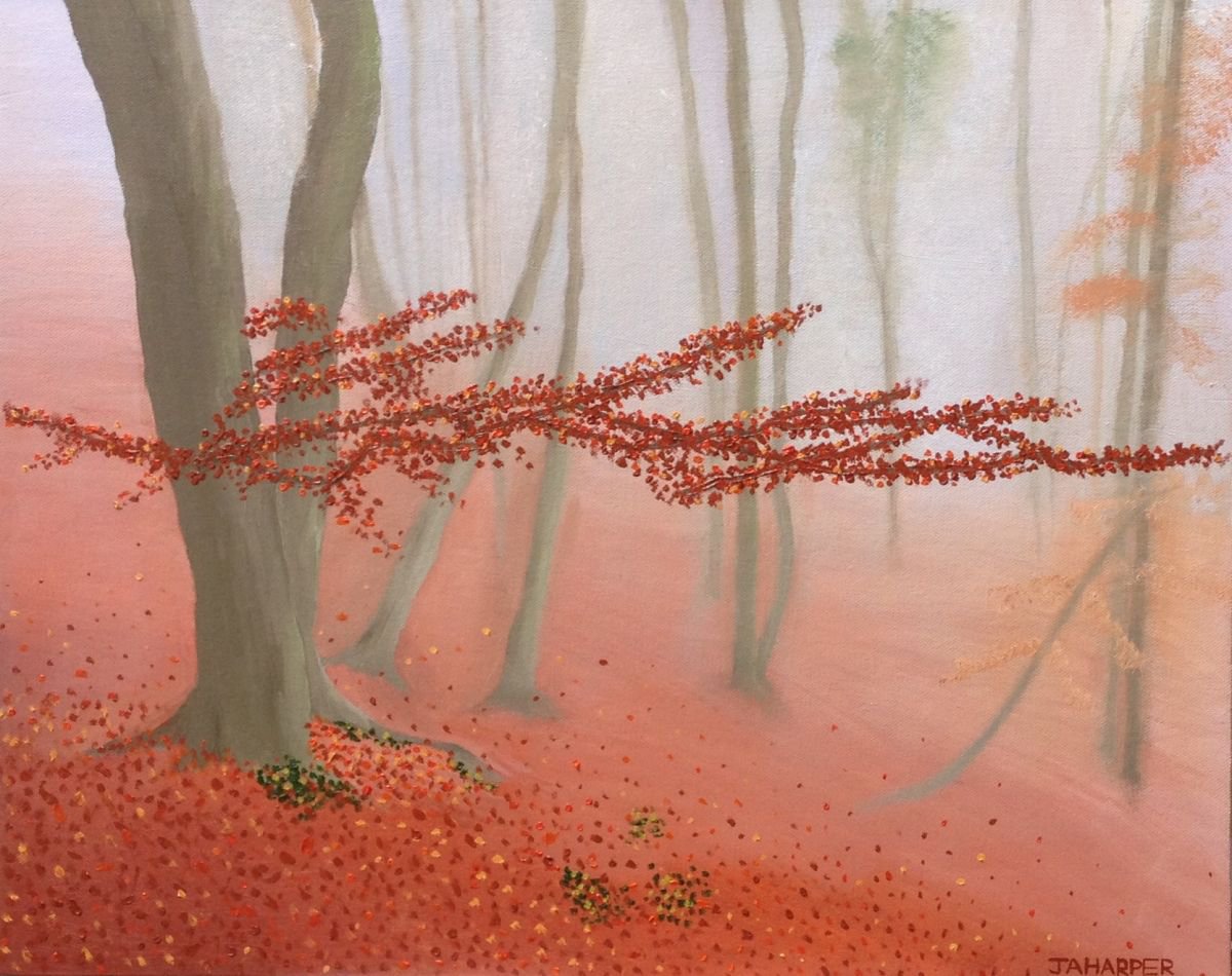 Misty forest autumn trees original oil painting by Jill Ann Harper