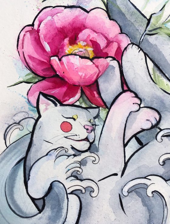 cat with peonies