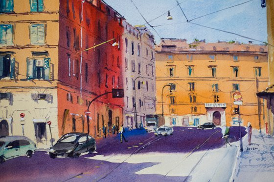 Rome street. Light and shadow with city view. Medium format watercolor urban landscape italy sea bright architecture old travel
