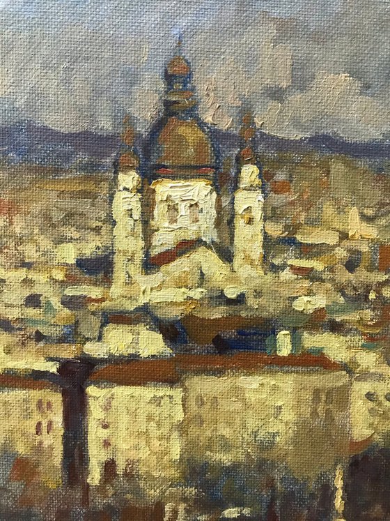 Original Oil Painting Wall Art Signed unframed Hand Made Jixiang Dong Canvas 25cm × 20cm Cityscape Golden Budapest Small Impressionism Impasto