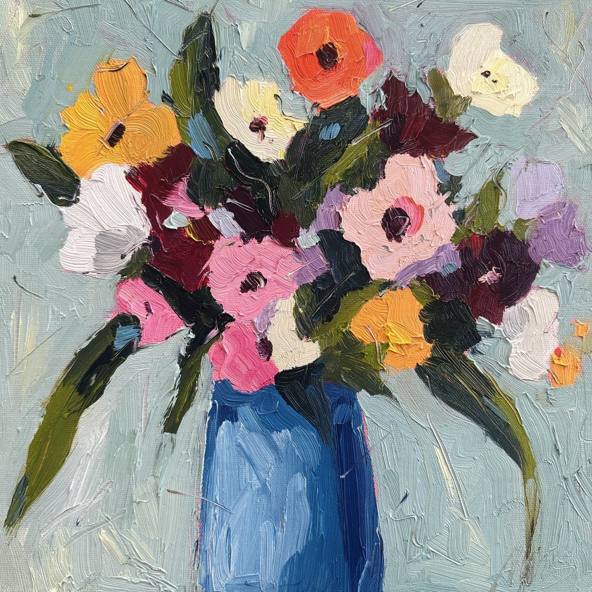 Impressionistic Botanical Oil Painting By Irina Anis, 12 X 12, Flowers In A Blue Vase, Original Artwork