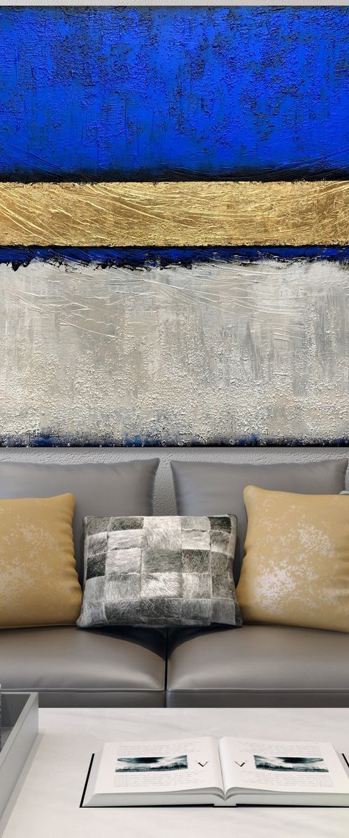 Out of the Blue - XL LARGE,  TEXTURED, GOLD LEAF ABSTRACT ART – EXPRESSIONS OF ENERGY AND LIGHT. READY TO HANG! by Julijana Ravbar