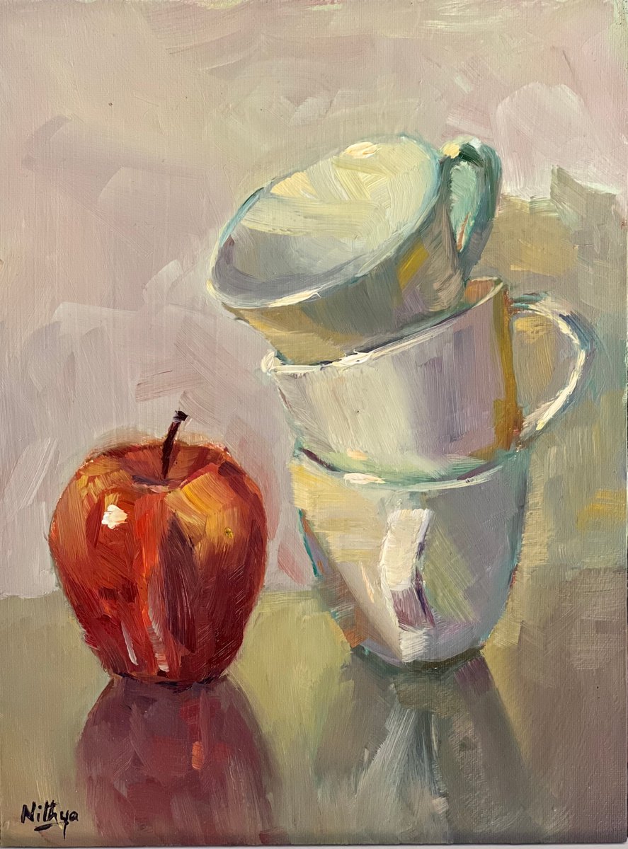 An Apple a Day Series - 4 - Vibrant oil painting kitchen decor by Nithya Swaminathan