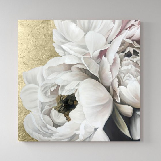 "Golden Silk Peonies" White gold peonies art
