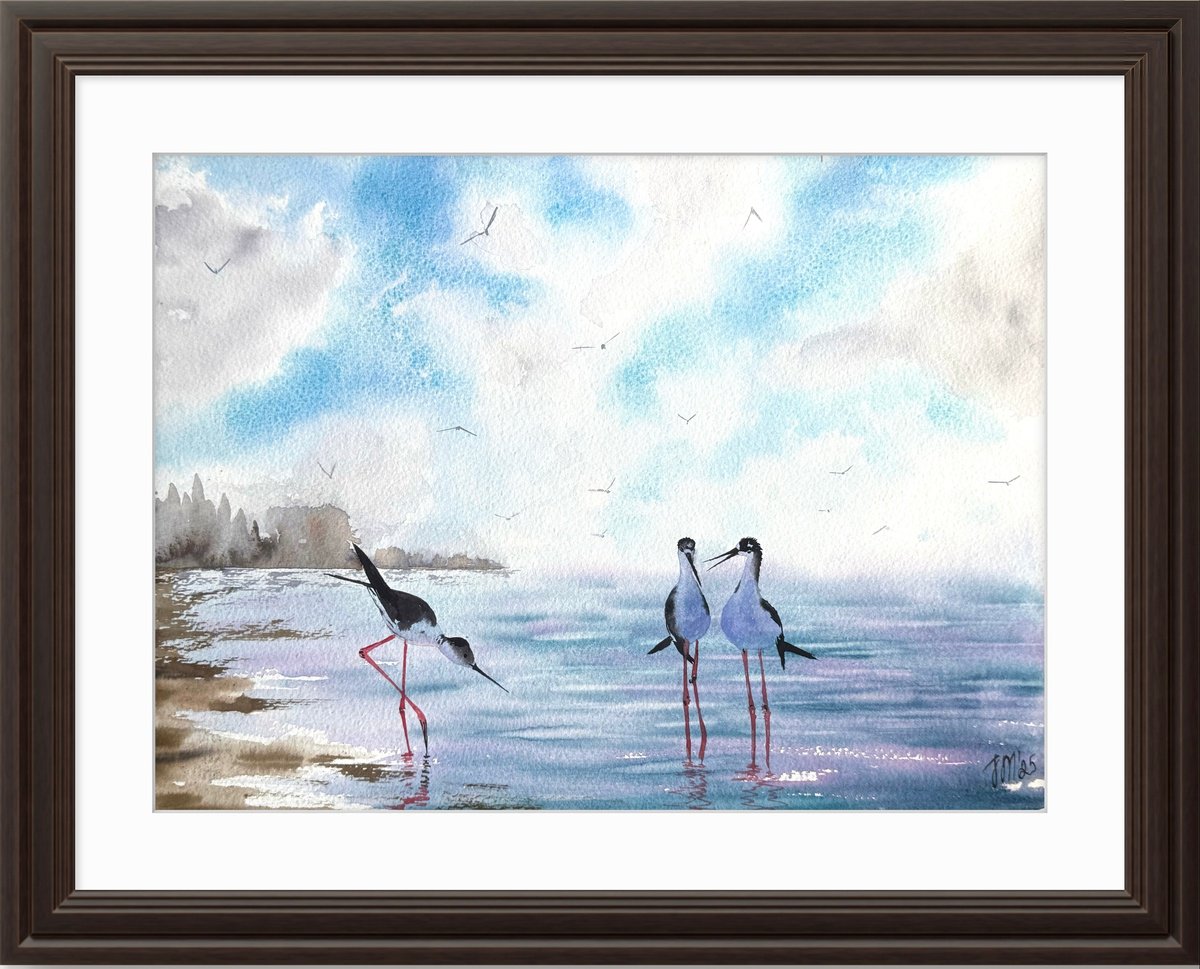 Impressionistic Watercolour , Seascape Wild Birds Sunset By Yuliia Sharapova, 20 X 16, Artwork For Sale On Artfinder