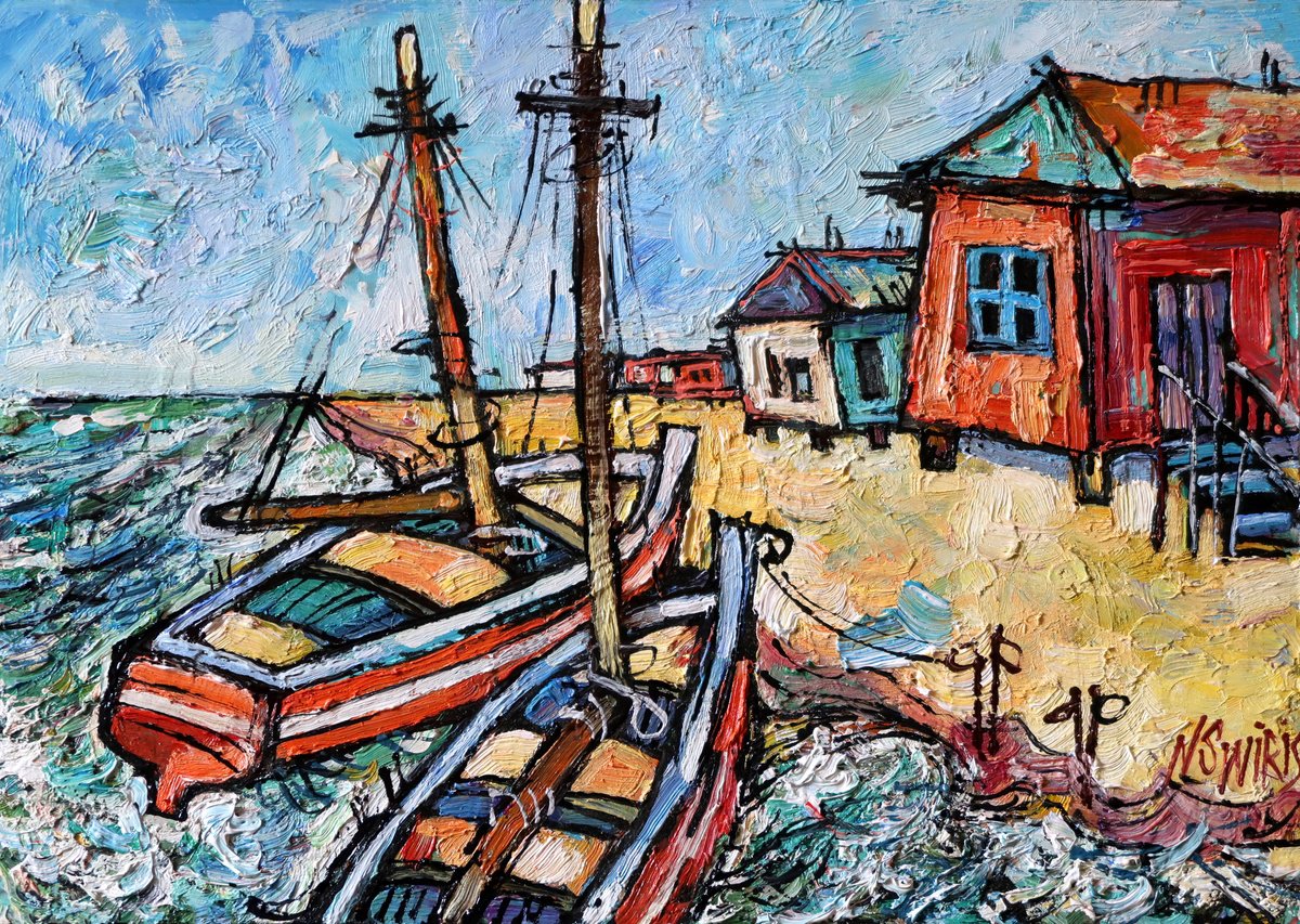 Impressionistic Landscape Oil Painting By Nikifor Swiristuhin, 14 X 10", Boats And Surf., Original Artwork