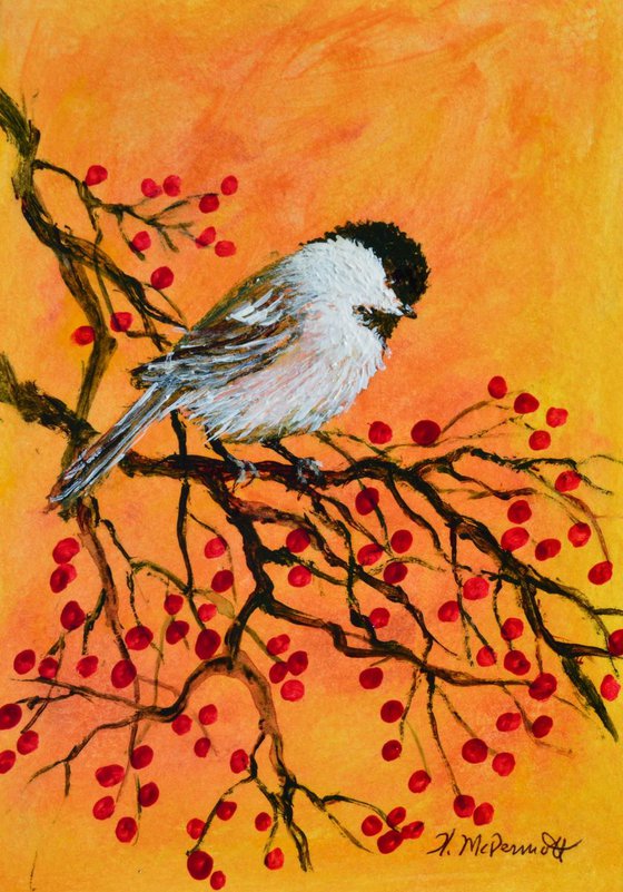 Gold Chickadee - original 5X7 framed acrylic painting on watercolor paper