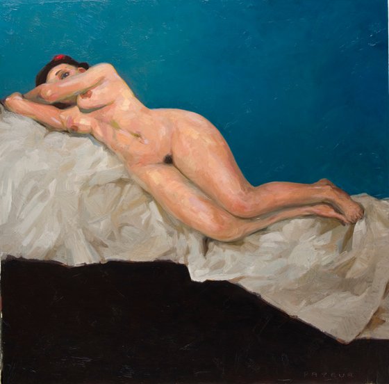 modern style nude impressionist woman on a blue background