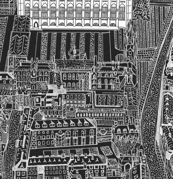 Cambridge and King's College Chapel black and white drawing with (hand-cut) collage detail