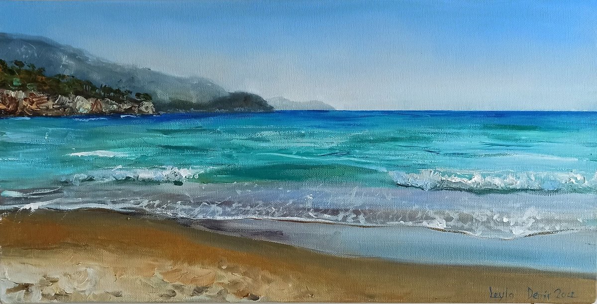 Coastal beach oil painting blue ocean landscape wall decor 10x20 by Leyla Demir