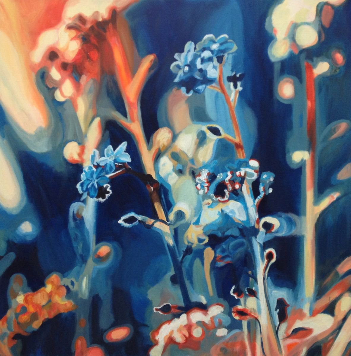 Flowers in Atmospheric Blue and Orange by Hannah Bruce