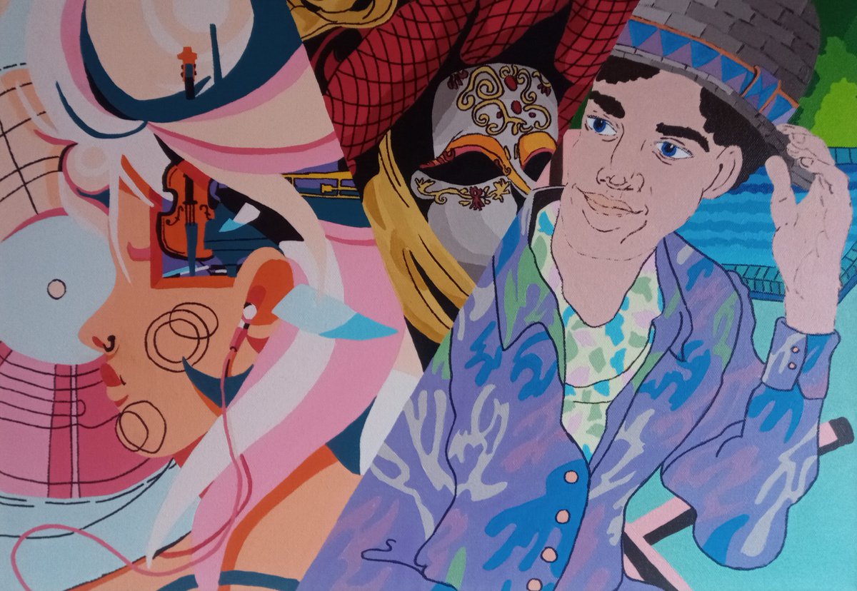 Naive Portrait Acrylic Painting By Corinne Hamer, 23 X 17, Hello Ladies!, Original Artwork