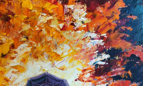 Autumn tango, original girl umbrella oil painting, Gift, art for home, for sale