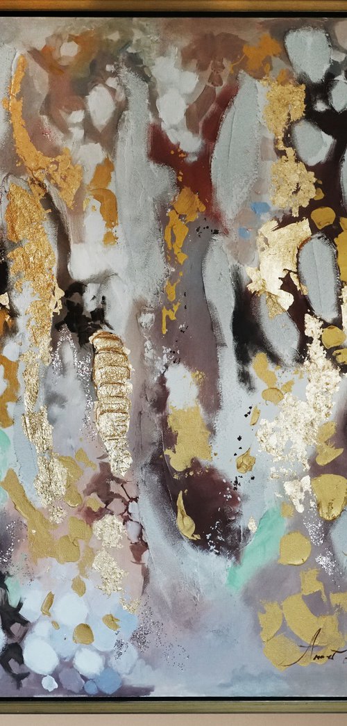 Large abstract framed painting on canvas, gold leaf artwork with texture. by Annet Loginova