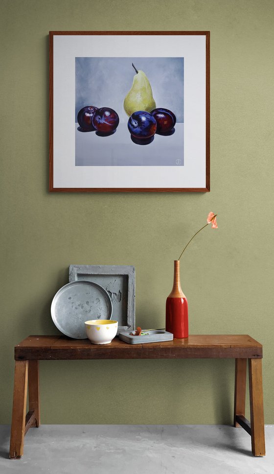 Still life plums and pear