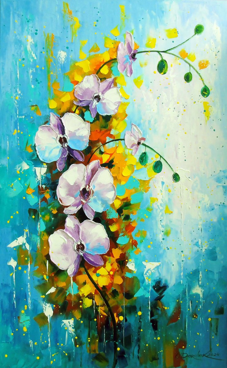Impressionistic Botanical Oil Painting By Olha Darchuk, 20 X 31", Orchid White And Pink, Original Artwork