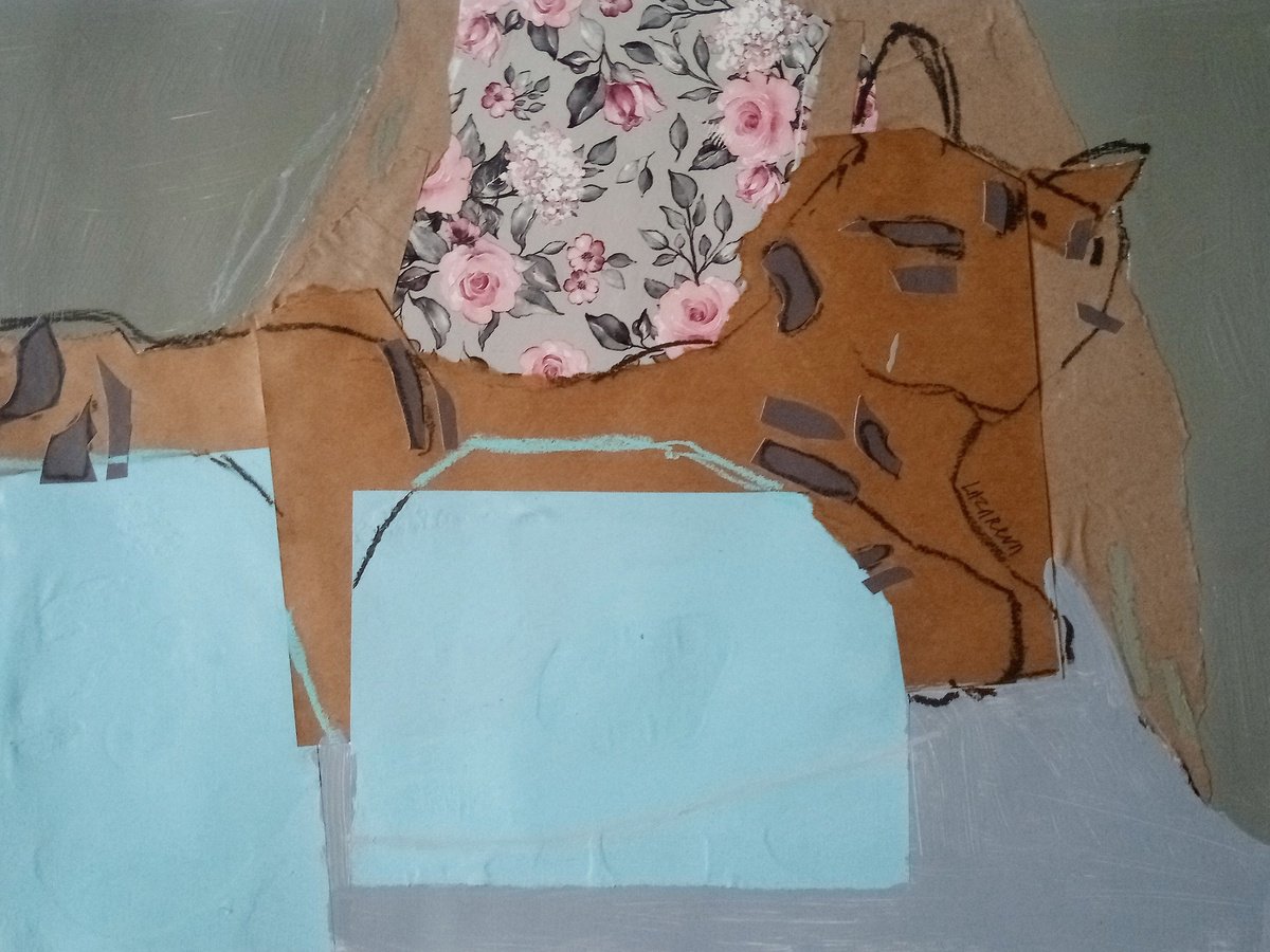 Animal Collage By Valerie Lazareva, 19 X 14", #19/24 Tiger Cat With Me, Original Artwork