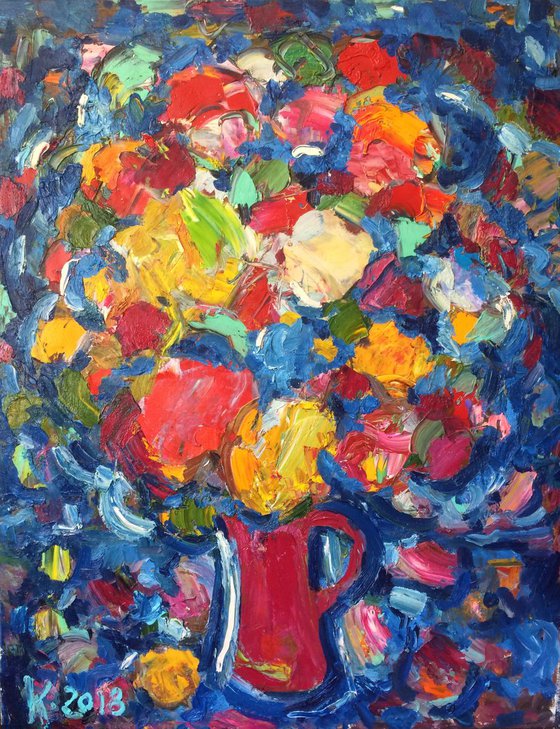 Blue Bouquet - Still Life - Floral Art - Flowers in Vase - Abstract and Expressive - Gift - Medium Size - Oil Painting