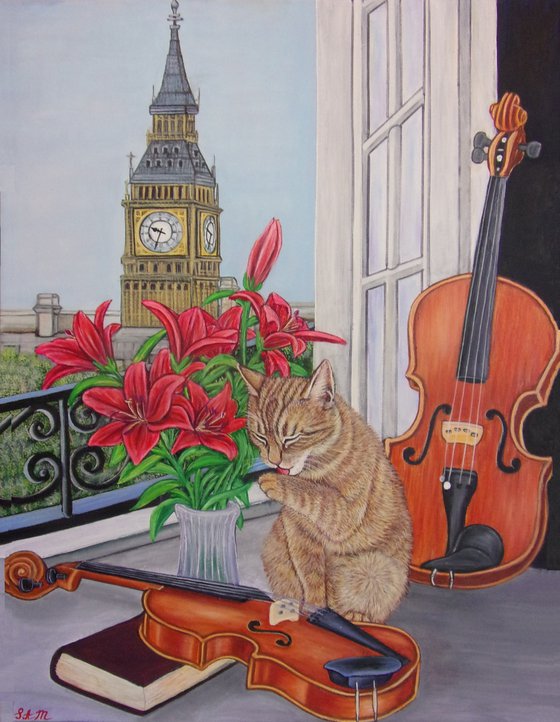 Enjoying the view, Ginger cat and two violins