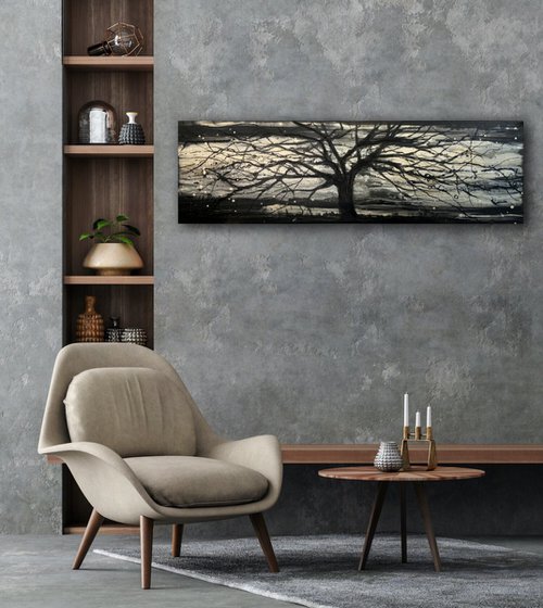 Black & Gold Tree Abstract Panoramic Landscape by Carol Wood