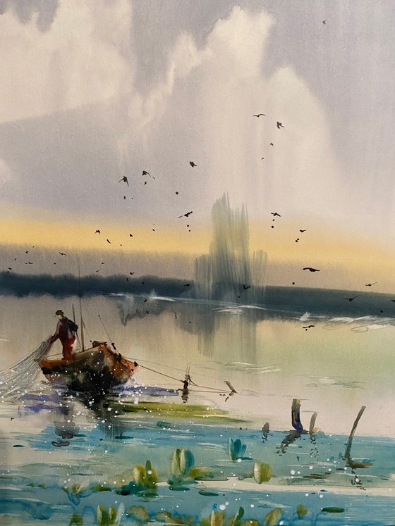 Watercolor “Fishing early morning” gift for him