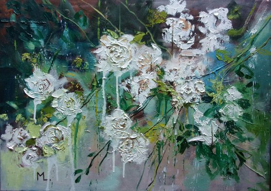 " WHITE ROSES "   original painting palette knife GIFT MODERN URBAN ART OFFICE ART DECOR HOME DECOR GIFT IDEA