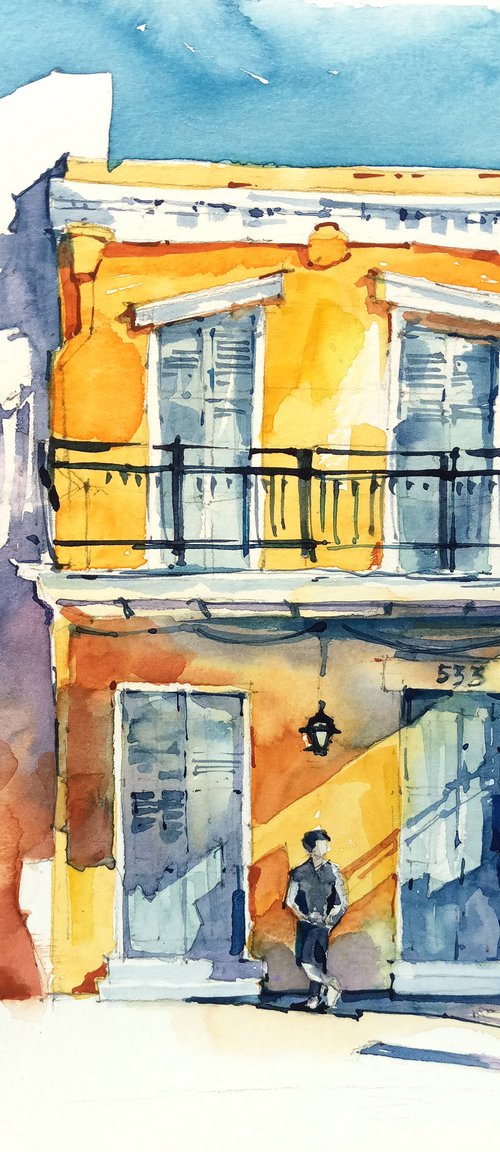 "City landscape with bright houses" Original watercolor painting by Ksenia Selianko