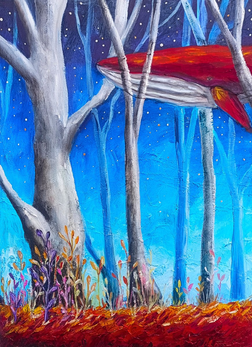 Surrealistic Landscape Oil Painting By Evgenia Smirnova, 12 X 16, Where Whales Wander The Woods, Original Artwork