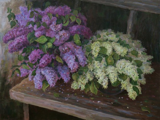 Lush Bouquets Of Lilacs On The Bench In The Garden - original floral spring oil painting on canvas