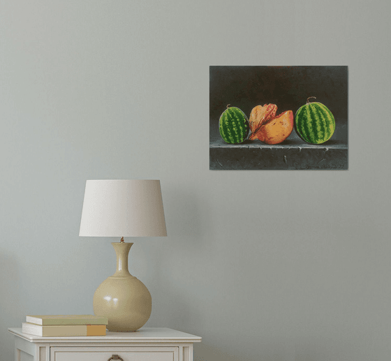 Still life pomegranate and small watermelons (40x30cm, oil painting, ready to hang)