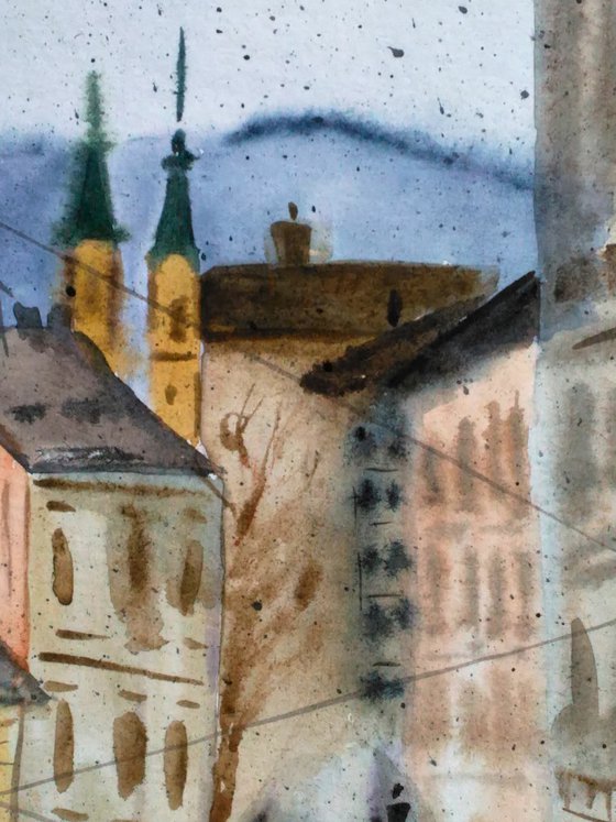 Lviv Painting Cityscape Original Art Fall Small Watercolor Autumn Artwork Home Wall Art 8 by 12" by Halyna Kirichenko