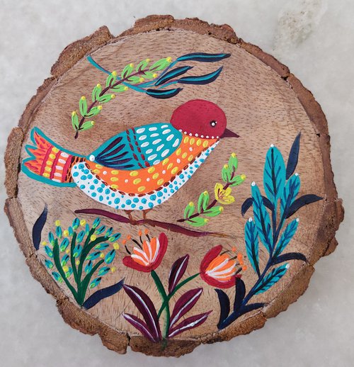 Little joys - Bird painting on a wood slice - table decor or wall art - miniatureart - gift - affordable art by Vikashini Palanisamy