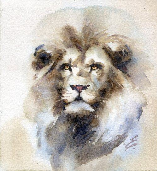 Lion portrait / Original small watercolor by Yulia Evsyukova