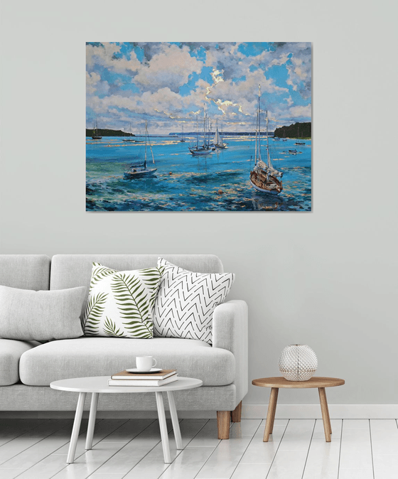 Morning on the bay (mixed-media, acrylic and gold leaf) (36x48x1.5")