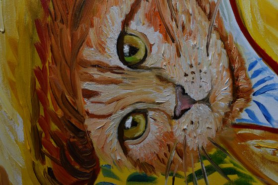 Handsome Cat Inspired by Van Gogh in a straw hat FELINE ART FOR CAT LOVERS