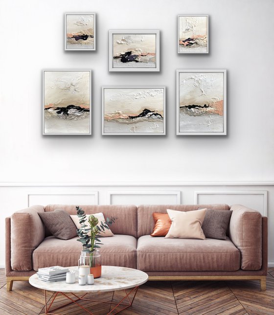 Poetic Landscape II- Peach , White, Black - Composition 6 paintings framed - Wall Art Ready to hang