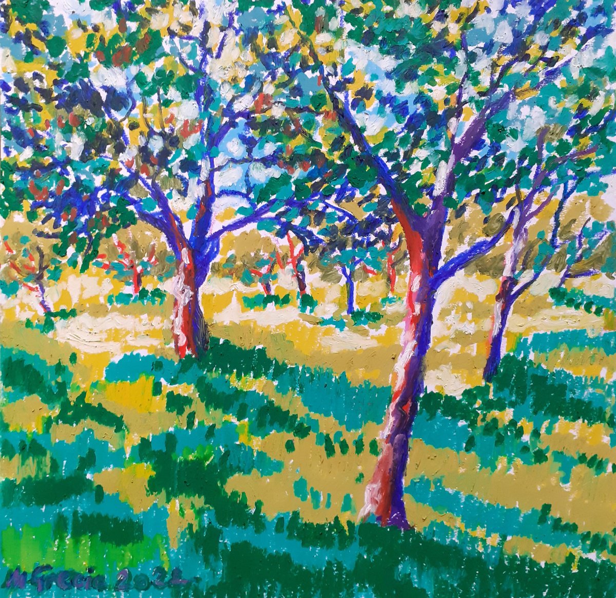 Impressionistic Landscape Pastel Drawing By Maja Grecic, 12 X 12", English Orchard, Original Artwork